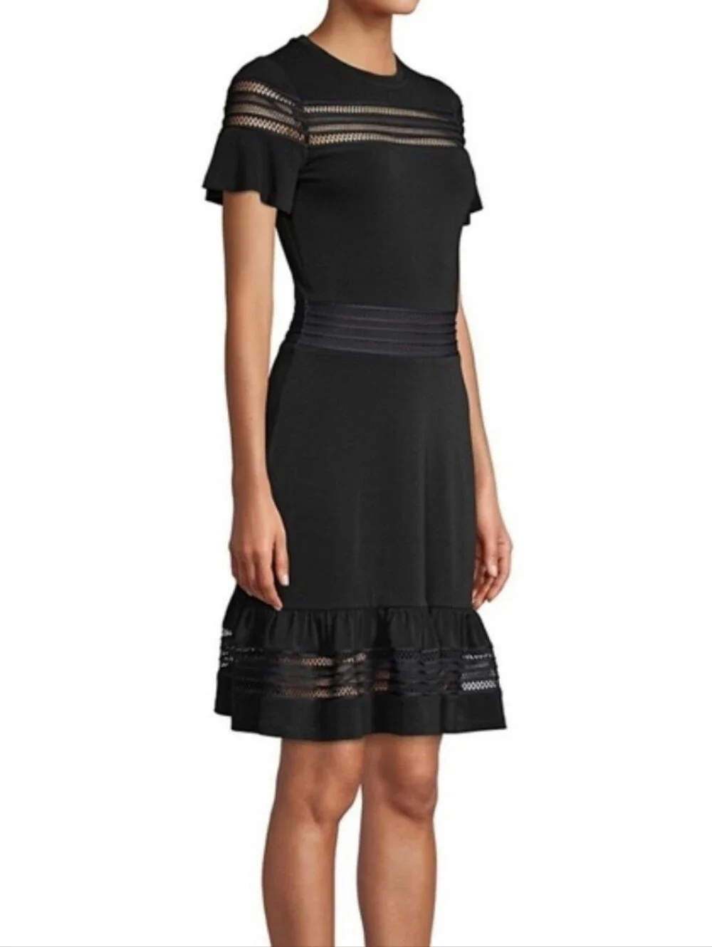 MK Michael Kors Black Short Sleeve Lace-Trim Fit & Flare Dress Size Small